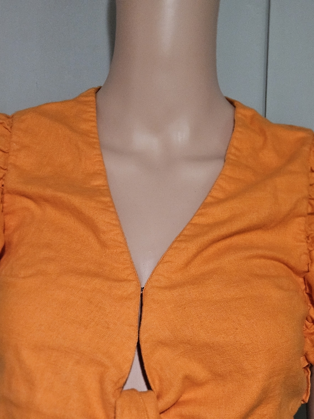 Abercrombie Orange Linen Tie Front Top Ruffle Sleeve Crop Euro Summer. XS - Picture 9 of 16